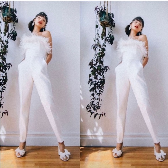 Saylor Feather Janae Jumpsuit White NYE Party Going Out Strapless BHLDN Collab - Picture 4 of 13